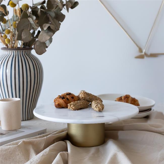 Akayev Mermer 28 Cm Metal Ayaklı Beyaz Yuvarlak Sunum Tabağı