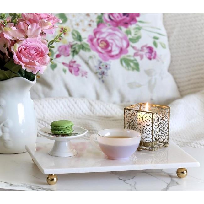 Akayev Mermer Beyaz 30x15 Cm Altın Boncuk Ayaklı Sunum Tabağı