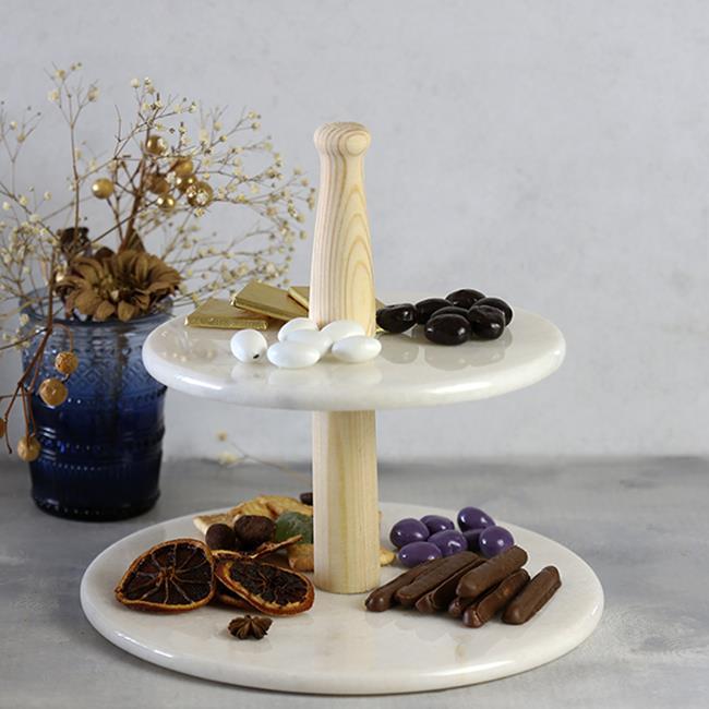 Akayev Mermer Ahşap Ayaklı İki Katlı Sunum Tabağı