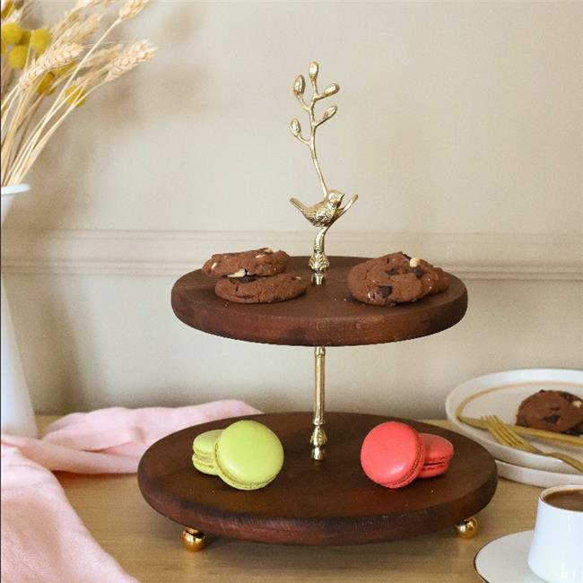 Akayev Ahşap Altın Boncuk Ayaklı İki Katlı Kuş Katlı Sunum Tabağı