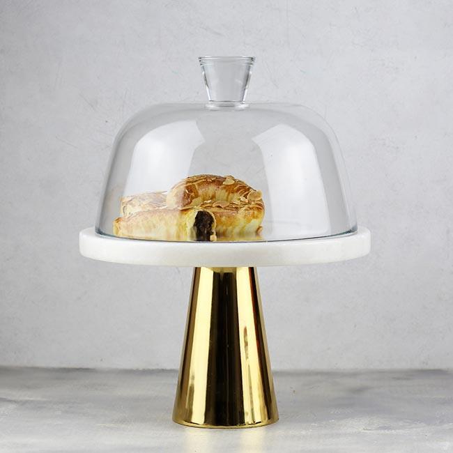 Akayev Mermer 25 Cm Altın Konik Ayak Beyaz Kalın Cam Fanus