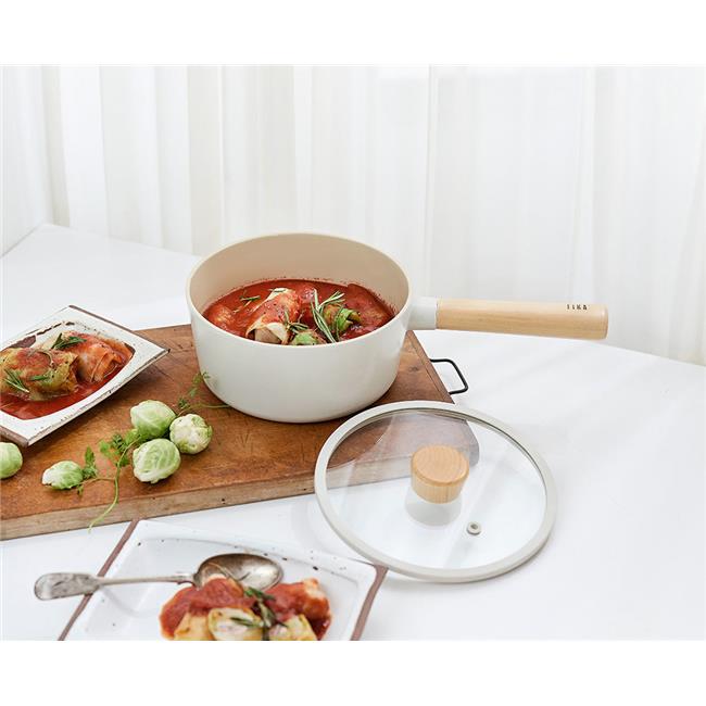 Neoflam Fika Cam Kapaklı Alüminyum Döküm Sos Tenceresi 18cm Bej