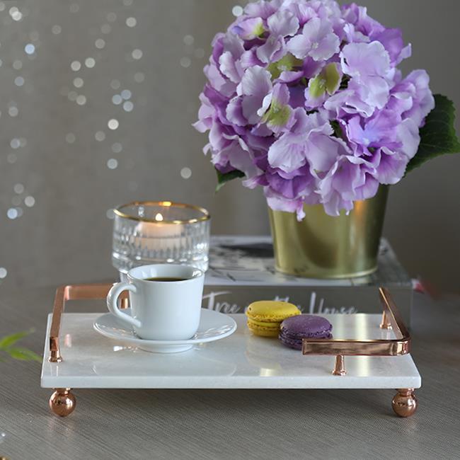 Akayev Mermer Beyaz Rose Gold Boncuk Ayak L Dizayn 30x20 cm Tepsi