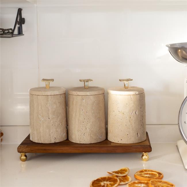 Akayev Mermer Traverten Ela 3lü Ahşap Standlı Baharatlık