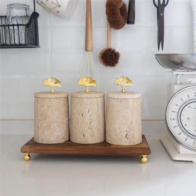 Akayev Mermer Traverten Ginkgo 3lü Ahşap Standlı Baharatlık