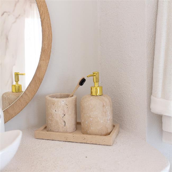 Akayev Mermer Traverten 3 Parça Banyo Seti Mutfak Sıvı Sabunluk Seti