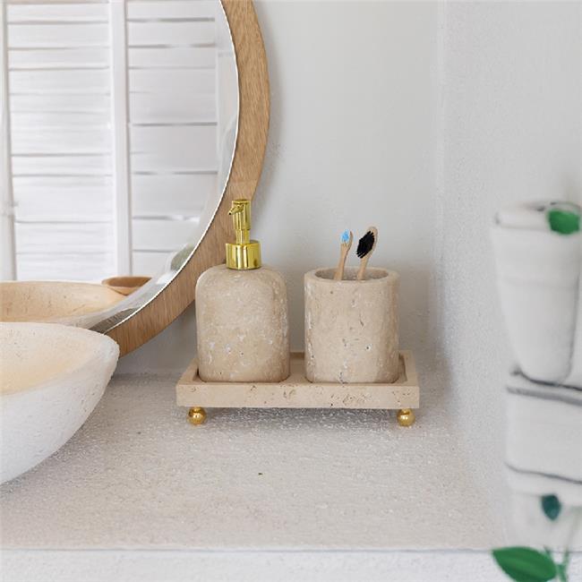 Akayev Mermer Traverten 3 Parça Gold Ayak Banyo Seti Mutfak Sıvı Sabunluk Seti