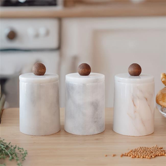 Akayev Mermer Beyaz Ahşap Kulplu 3lü Baharatlık