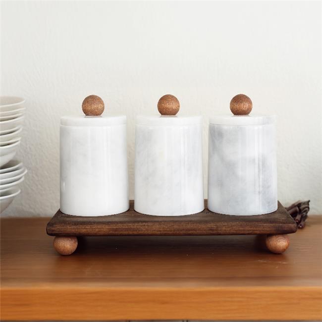 Akayev Mermer Beyaz Ahşap Kulplu ve Standlı 3lü Baharatlık