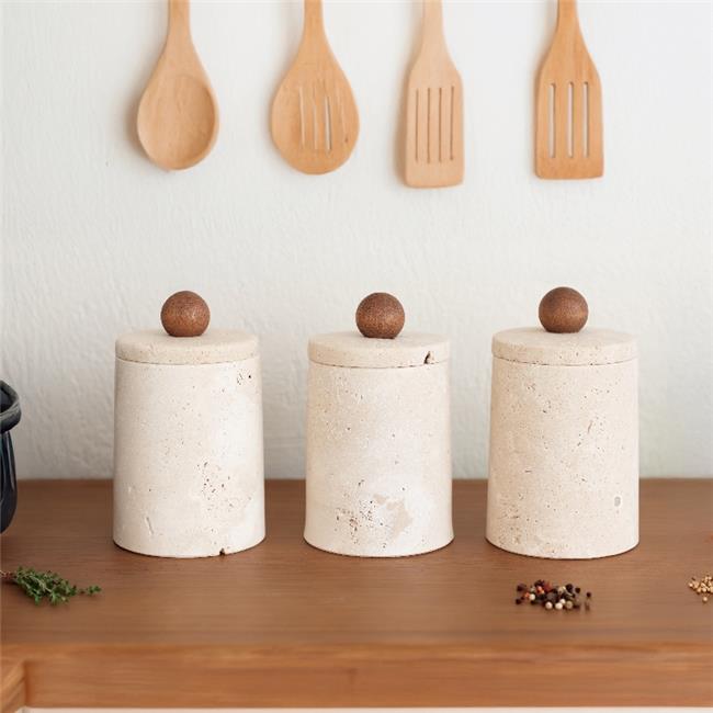 Akayev Mermer Traverten Ahşap Kulplu 3lü Baharatlık