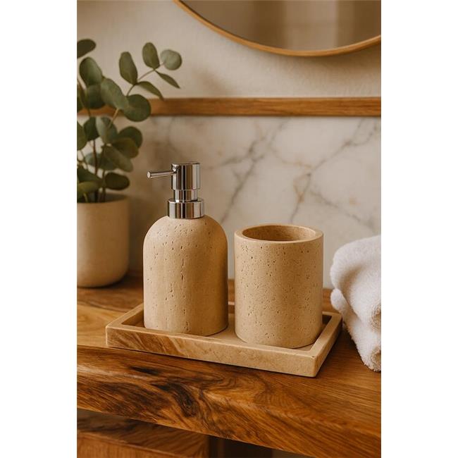 Akayev Mermer Traverten 3 Parça Gümüş Banyo Seti Mutfak Sıvı Sabunluk Seti