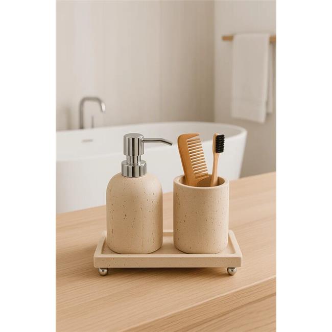 Akayev Mermer Traverten 3 Parça Gümüş Ayak Banyo Seti Mutfak Sıvı Sabunluk Seti