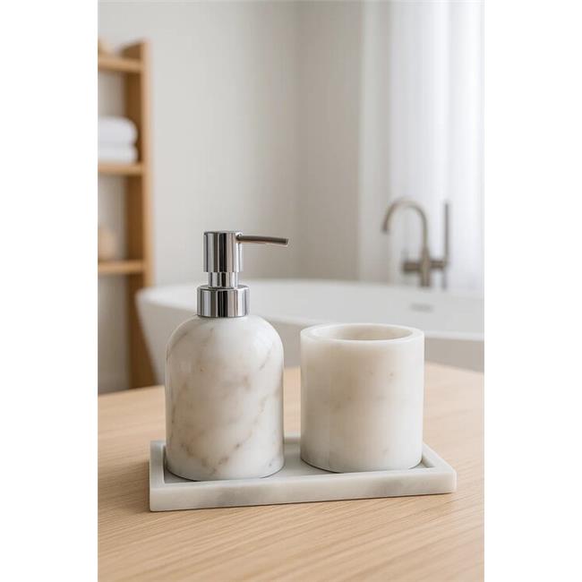 Akayev Mermer Beyaz 3 Parça Gümüş Banyo Seti Mutfak Sıvı Sabunluk Seti
