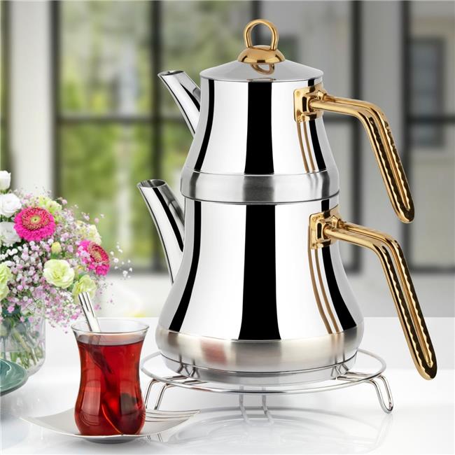 Lines Naz Çelik Çaydanlık Takımı Altın Kulp Mini Boy