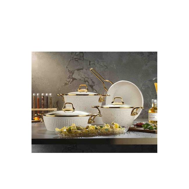 Lines Maya 7 Parça Granit Desenli Tencere Seti Altın Kulp Beyaz