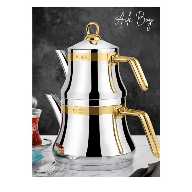 Lines Naz Aile Boy Altın Kemerli Kulplu Paslanmaz Çelik Çaydanlık 18/10