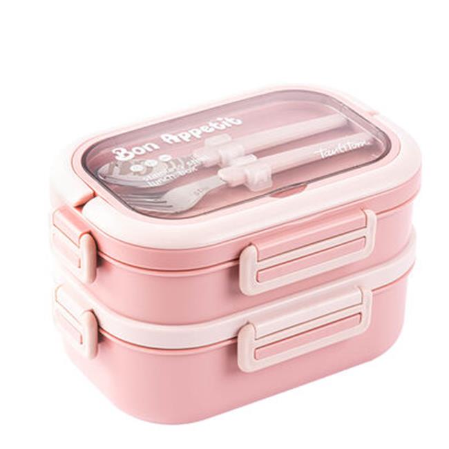 Tantitoni Pembe Paslanmaz Çelik Dikdörtgen 2 Katlı Çatal Ve Kaşıklı Yemek Taşıma Kabı 1.65l