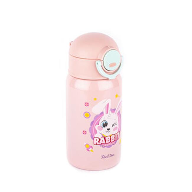Tantitoni Pembe Tavşan Desenli Pipetli Paslanmaz Çelik Çocuk Termosu 400ml