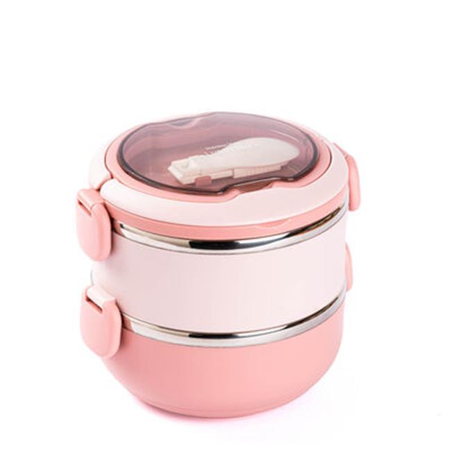 Tantitoni Pembe Paslanmaz Çelik Yuvarlak 2 Katlı Çatallı Yemek Taşıma Kabı 850ml