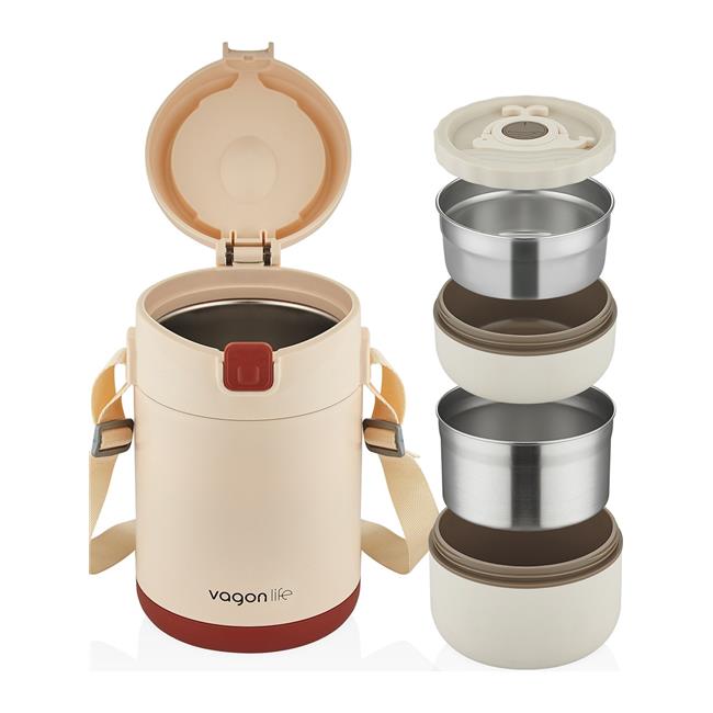 Vagonlife Bento 1800ml 2 Kaseli 4-6 Saat Termos Özellikli Çelik Yemek Kutusu - Bej