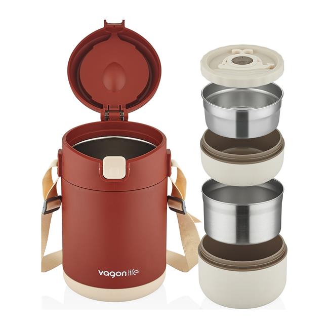 Vagonlife Bento 1800ml 2 Kaseli 4-6 Saat Termos Özellikli Çelik Yemek Kutusu - Kırmızı