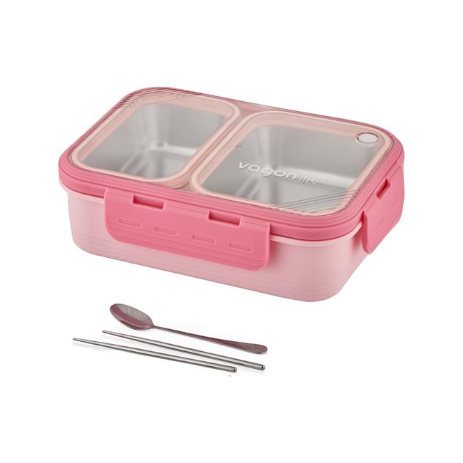 Vagonlife Bento 700ml Tek Katlı 2 Bölmeli Chopstick ve Kaşıklı Çelik Yemek Kutusu Pembe