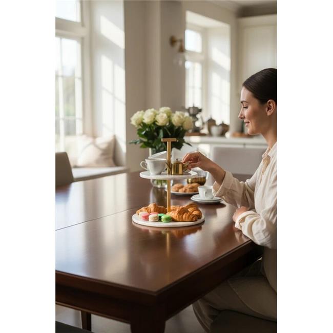 Akayev Mermer Beyaz 25 Cm Mat Altın İki Katlı Sunum Tabağı